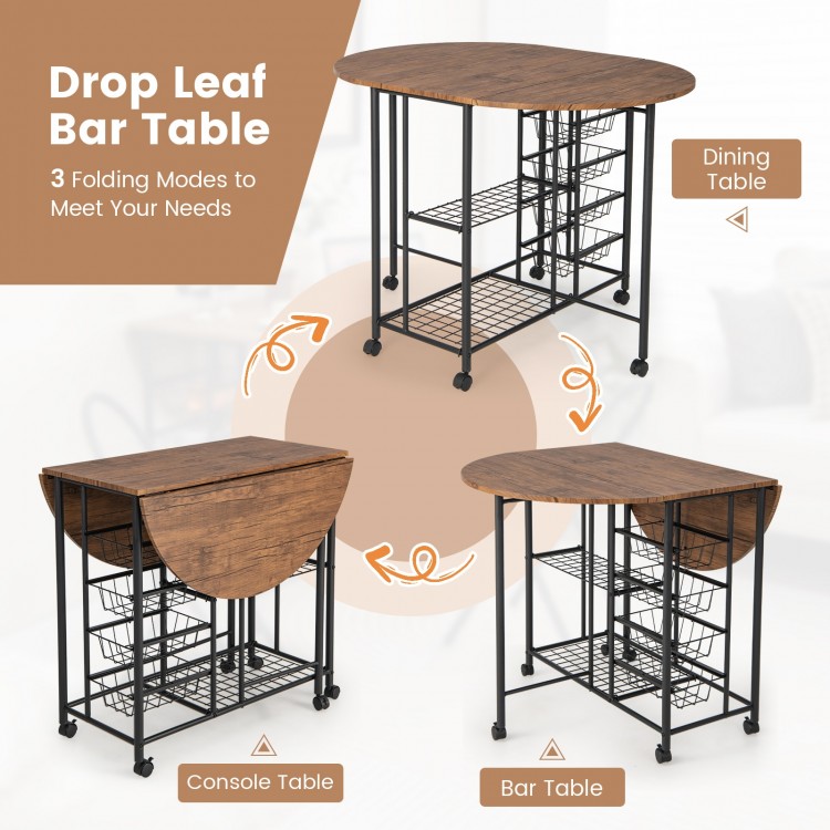 Drop leaf bar table in rustic brown with 3 folding modes, 2 shelves, and 4 baskets for versatile dining and storage.