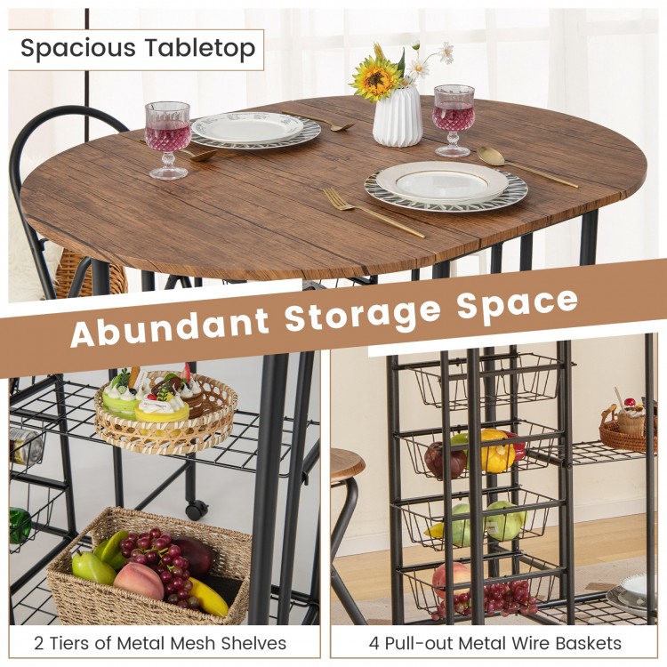 Folding dining table and chair set in rustic brown with ample storage, featuring metal shelves and pull-out baskets.