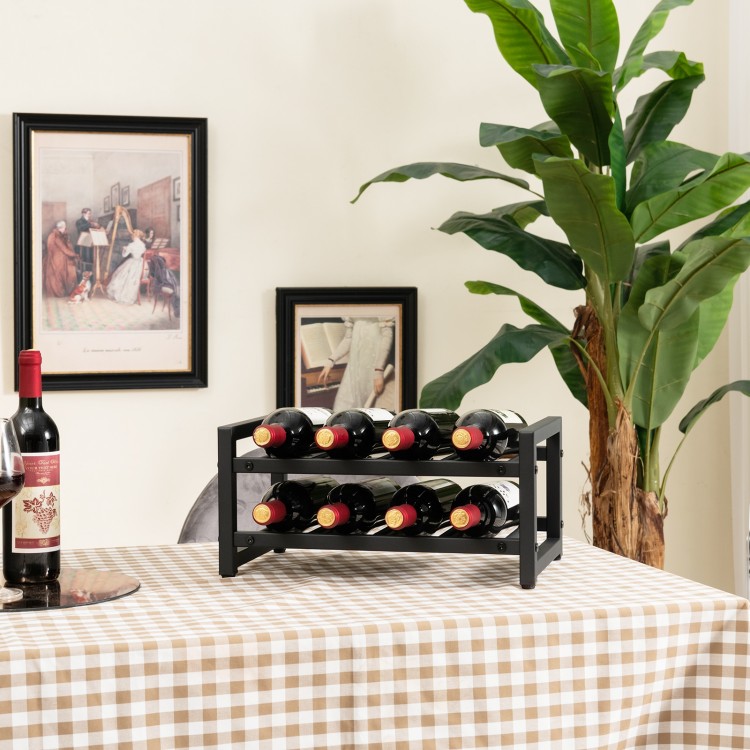 2-tier 8-bottle wine rack in black metal with adjustable foot pads, perfect for organizing wine in kitchens or dining.