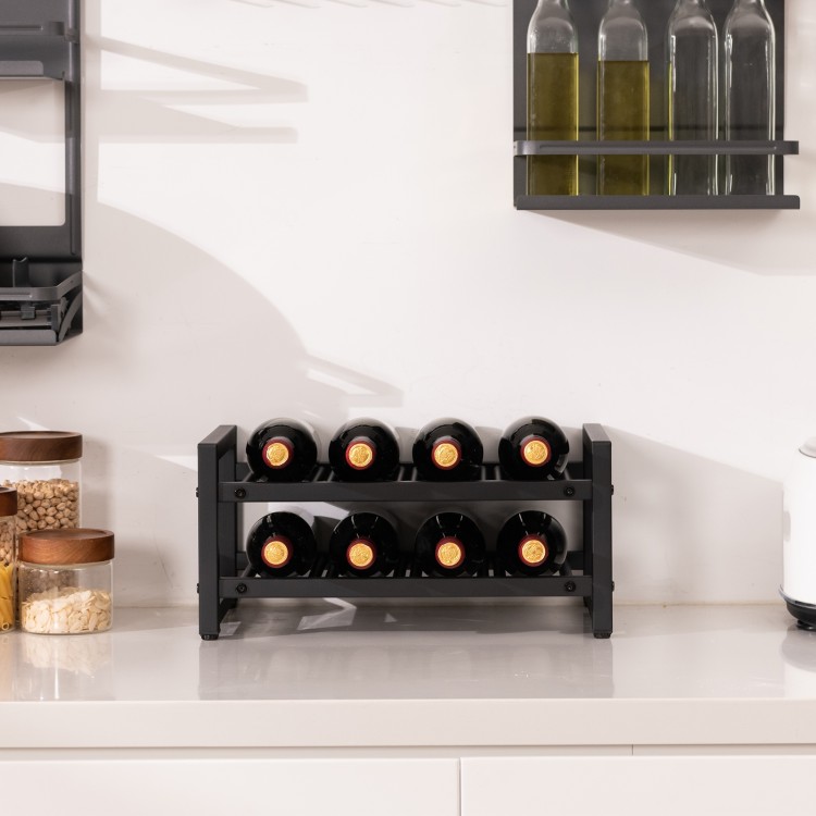 2-tier 8-bottle wine rack in black metal, featuring adjustable foot pads for stability and space-saving design for.