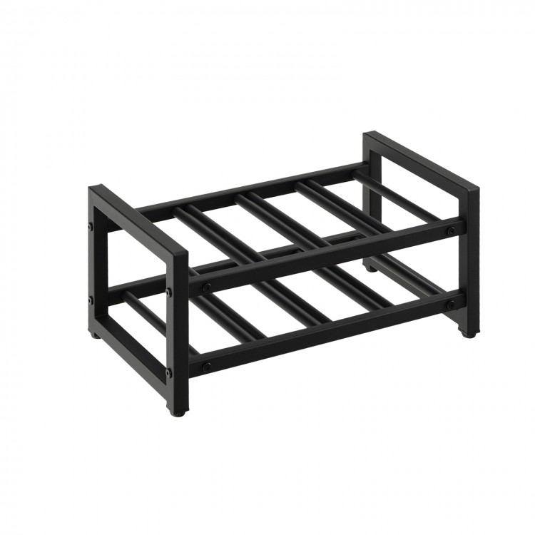 2-tier 8-bottle wine rack in black metal with adjustable foot pads, perfect for home kitchen or dining room.