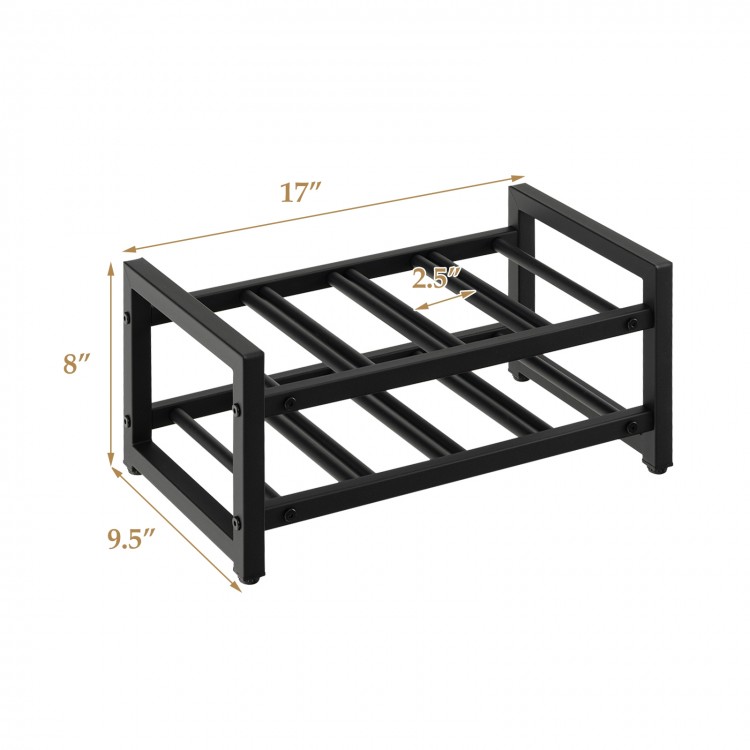2-tier 8-bottle wine rack in black metal with adjustable foot pads, ideal for kitchen or dining room organization.