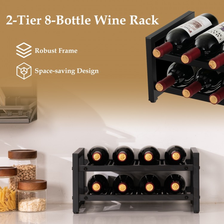 2-tier 8-bottle wine rack with adjustable foot pads, featuring a space-saving design for home kitchen or dining room.