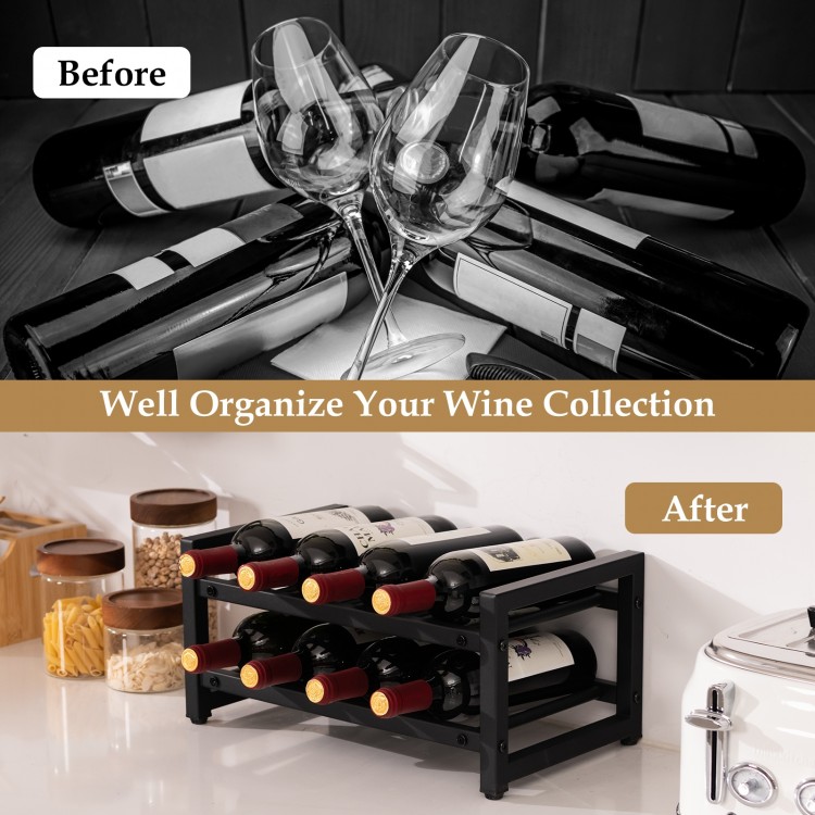 2-tier 8-bottle wine rack in sleek black metal, showcasing an organized collection for kitchens or dining areas.