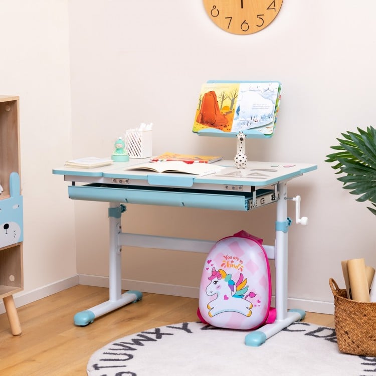 Height-adjustable kids desk in blue with tilt desktop and book stand, perfect for study and play.