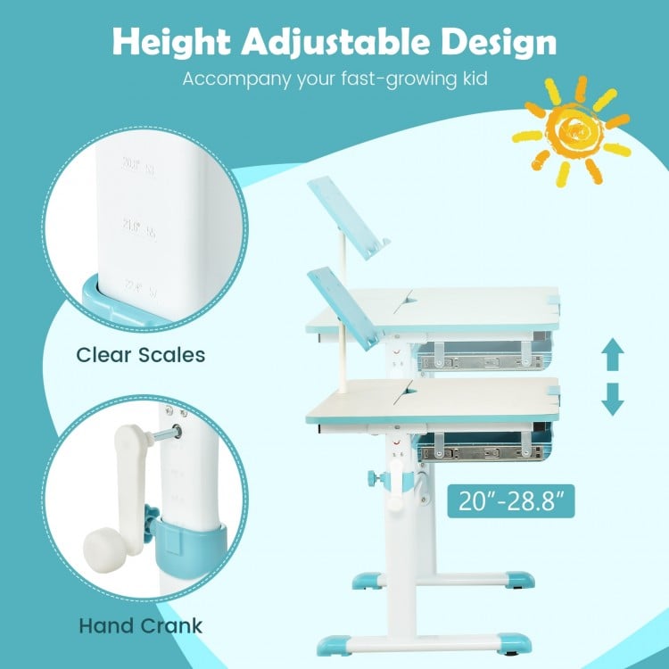 Height-adjustable kids desk in blue with tilt desktop, clear scales, and hand crank for easy height adjustment.