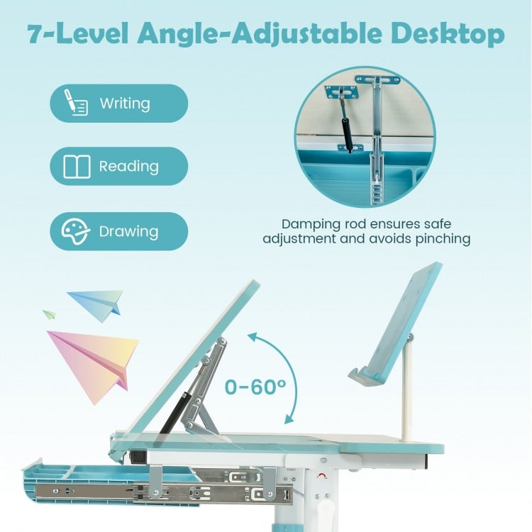 Height-adjustable kids desk in blue with a 7-level angle-adjustable desktop, ideal for writing, reading, and drawing.