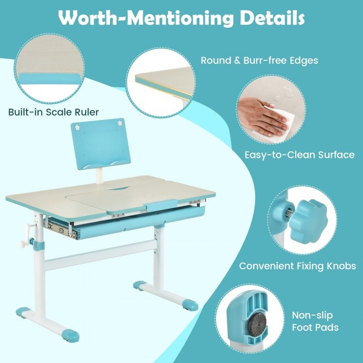 Height-adjustable kids desk in blue with a tilt desktop, easy-to-clean surface, and round, burr-free edges for safety.