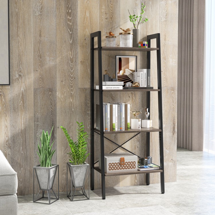 4-tier bookshelf with metal frame in oak finish, featuring adjustable foot pads and strong support for versatile.