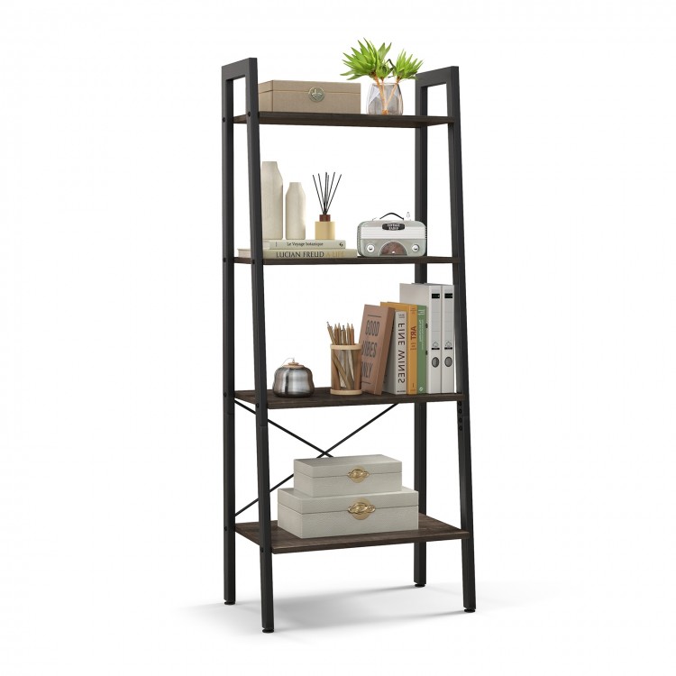 4-tier bookshelf with metal frame in oak finish, featuring adjustable foot pads and sturdy support for versatile.