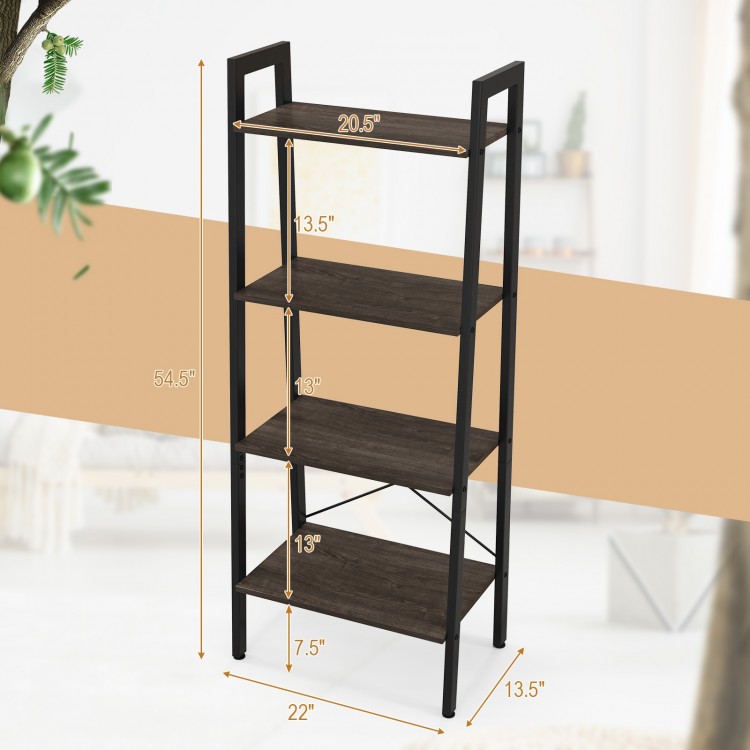 4-tier bookshelf with metal frame and oak finish, featuring adjustable foot pads for stability and versatile use in any.