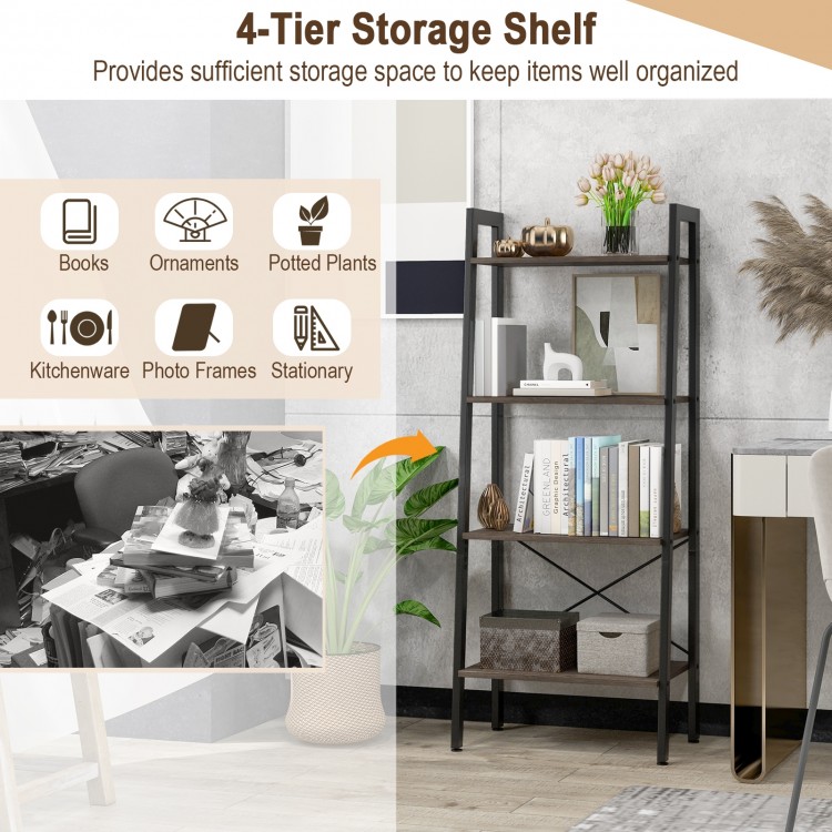 4-tier bookshelf with metal frame in oak, showcasing books and plants, designed for versatile home organization.