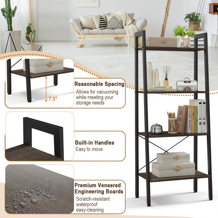 4-tier bookshelf with metal frame and oak finish, featuring adjustable foot pads for versatile home storage solutions.