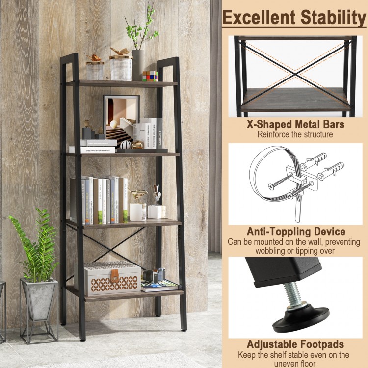 4-tier bookshelf with oak shelves and metal frame, featuring adjustable foot pads for stability and versatile use in.