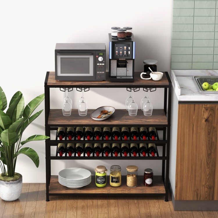 5-tier wine rack table with glass holders, featuring a sturdy design and ample storage for kitchen or home bar use.