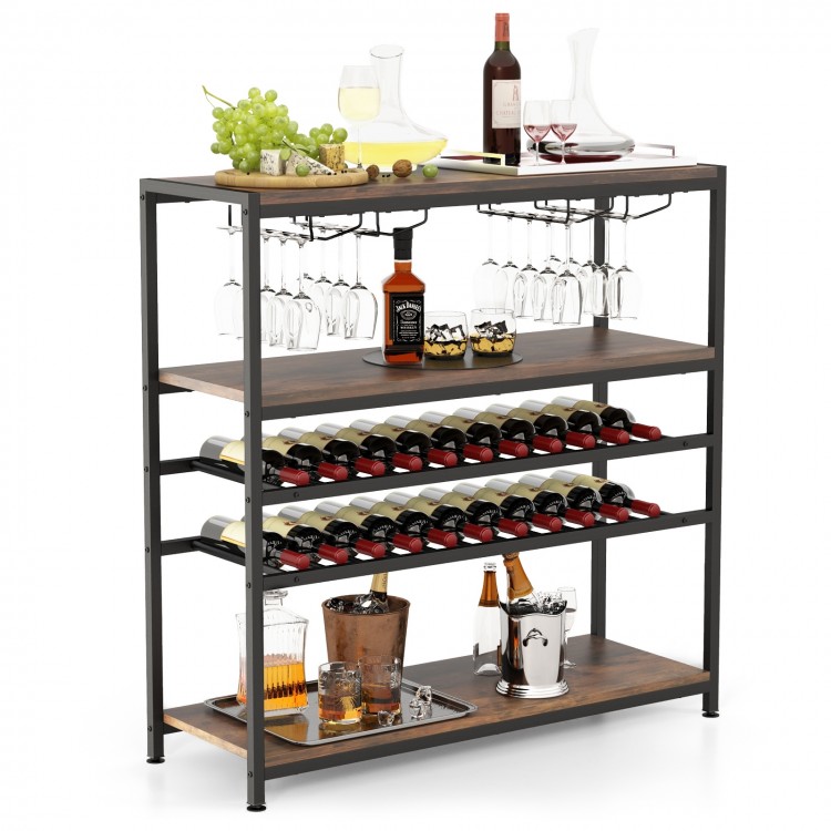 5-tier wine rack table with glass holders, featuring durable metal pipes and wooden shelves for kitchen or home bar use.