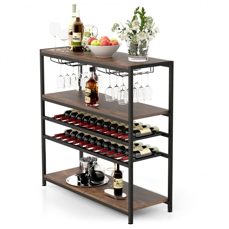 5-tier wine rack table with glass holders, featuring durable metal pipes and wood shelves, ideal for home bar or dining.