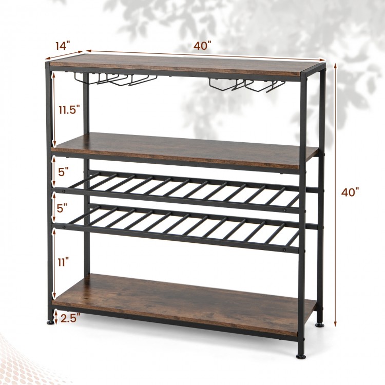 5-tier wine rack table with glass holder, featuring durable metal pipes and shelves for kitchen or home bar use.