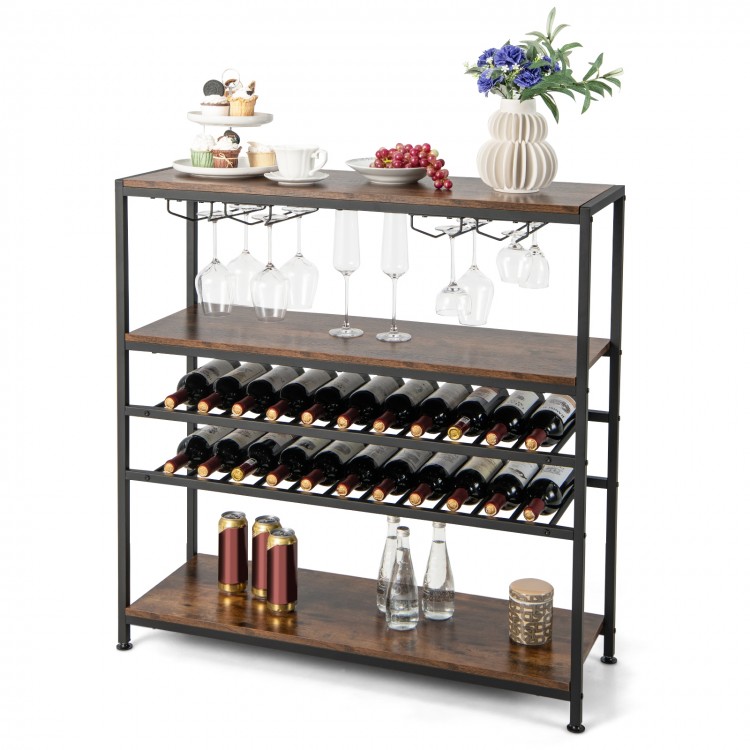 5-tier wine rack table with glass holders, featuring a durable metal frame and ample storage for bottles and glasses.