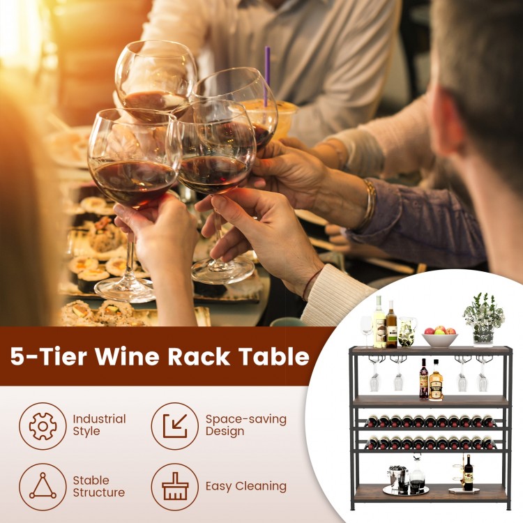 5-tier wine rack table with glass holders, industrial style, space-saving design, perfect for home bar or dining room.