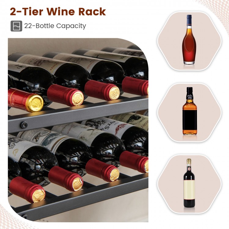 5-tier wine rack table with 4 glass holders, durable metal structure, ideal for kitchen or home bar storage.
