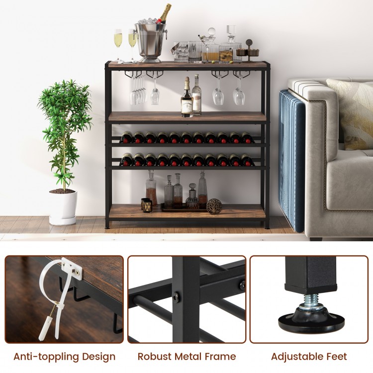 5-tier wine rack table with glass holders, featuring a robust metal frame and adjustable feet for stability in home.