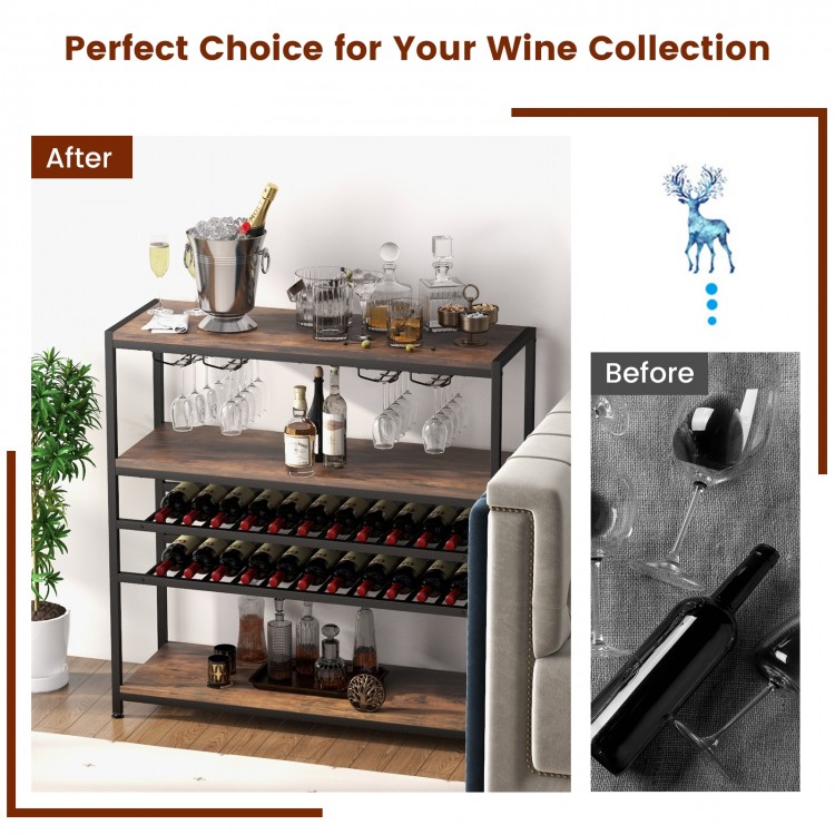 5-tier wine rack table with glass holders, featuring durable metal pipes and a neat design, perfect for home bars.