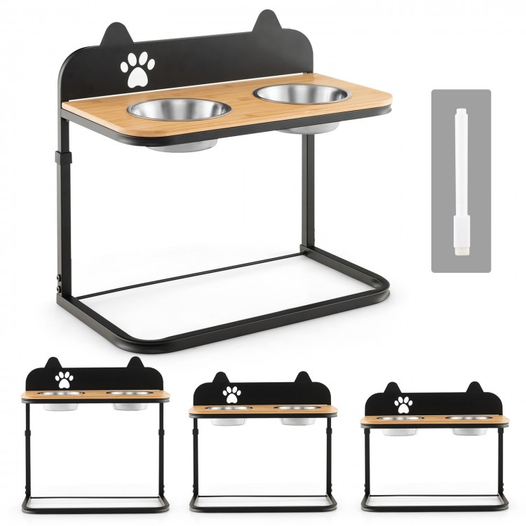 Elevated dog bowl stand with two stainless steel bowls, bamboo top, and adjustable height for comfortable feeding.