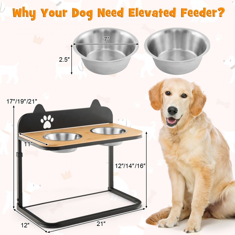 Dog bowl stand with two stainless steel bowls, adjustable height, bamboo tabletop, ideal for dogs' comfort and health.