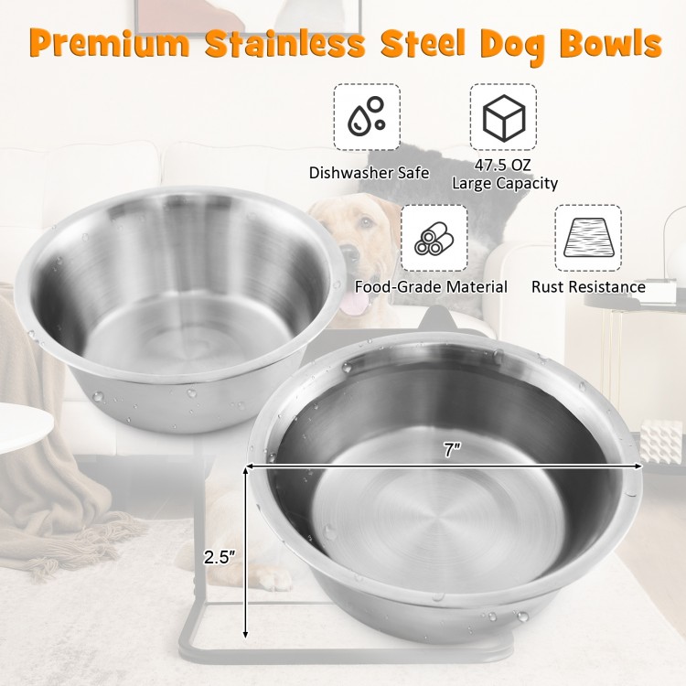 Stainless steel dog bowls with a bamboo tabletop, featuring a decorative claw pattern, suitable for elevated feeding.