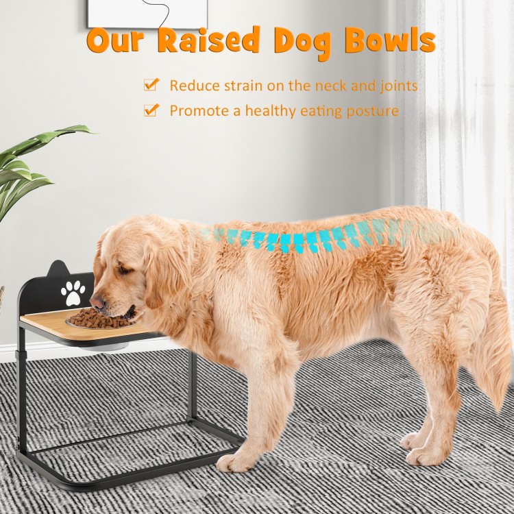Elevated dog bowl stand with two stainless steel bowls, adjustable height for healthy eating posture and joint support.