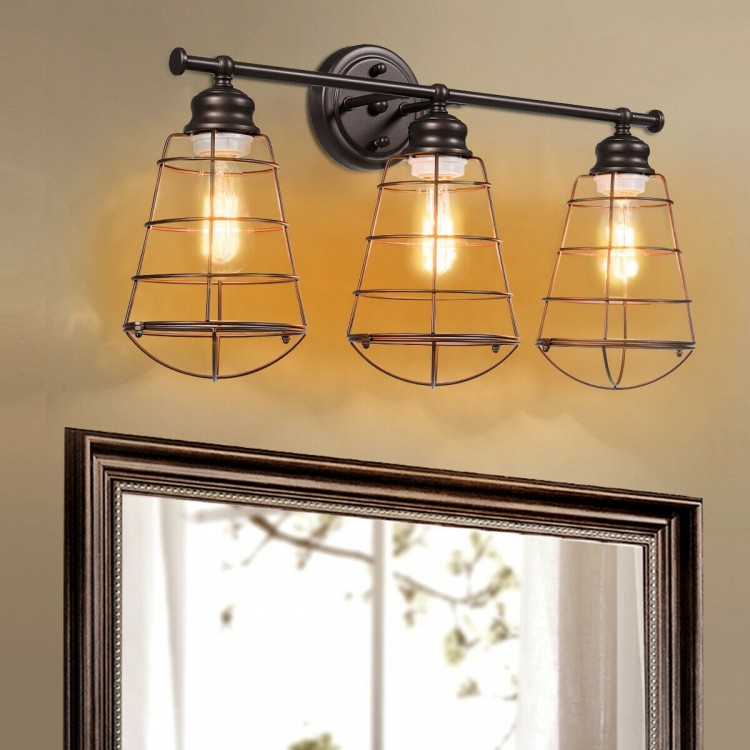 Three-light vanity lamp with metal wire cage in oil rubbed bronze finish, ideal for vintage-style bathroom lighting.