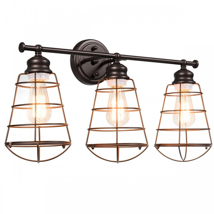 Three-light vanity lamp with oil rubbed bronze iron frame and metal wire cages, ideal for vintage-style bathroom.