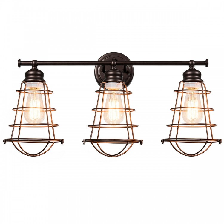 Close-up view of the metal wire cage design on a 3-light vanity lamp in oil rubbed bronze, perfect for vintage decor.