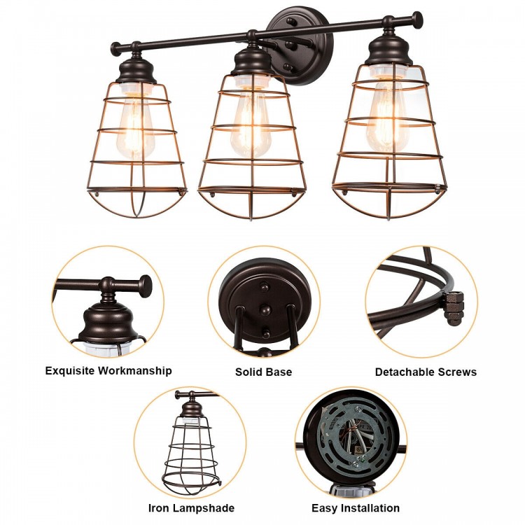 3-light vanity lamp with metal wire cage in oil rubbed bronze finish, ideal for vintage-style bathroom or living room.