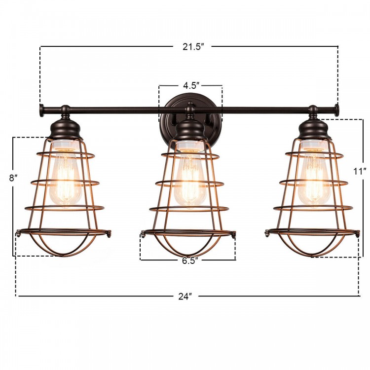 3-light vanity lamp with metal wire cage in oil rubbed bronze finish, ideal for bathroom or vintage decor.