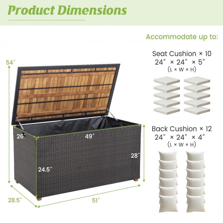Rattan storage box with solid acacia wood top, 134-gallon capacity, ideal for patio side table use and outdoor storage.