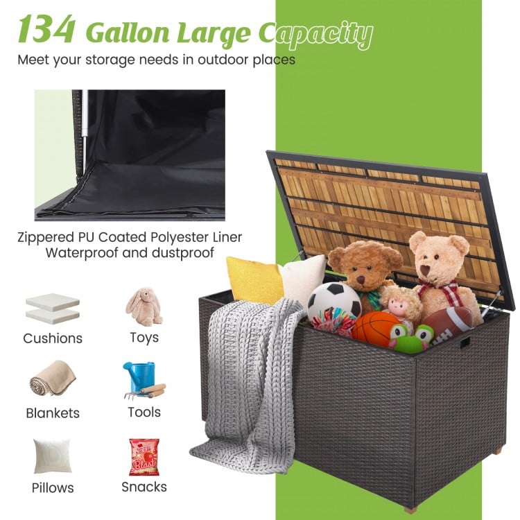 134-gallon rattan storage box with acacia wood top, ideal for outdoor storage of cushions, toys, and blankets.