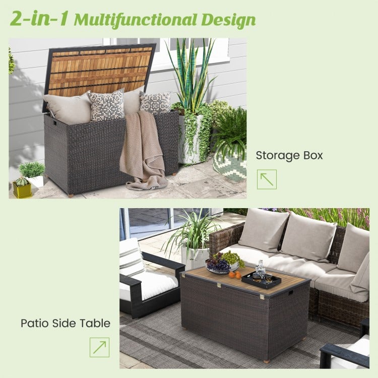 Rattan storage box with solid acacia wood top, serving as a patio side table, ideal for outdoor use.