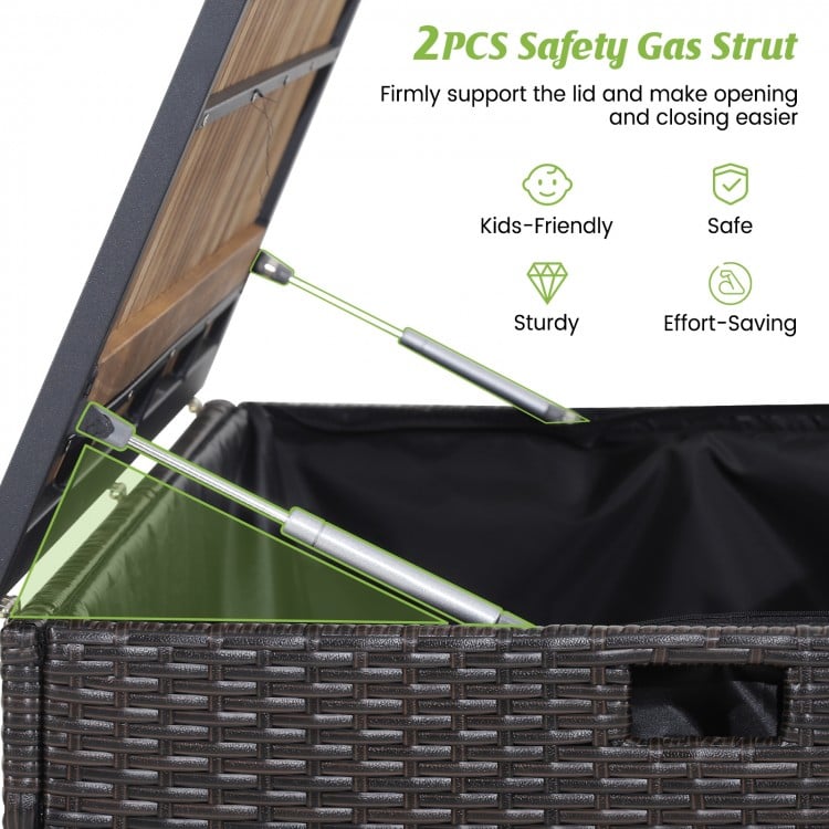 134-gallon rattan storage box with solid acacia wood top, featuring safety gas struts for easy opening, ideal for.