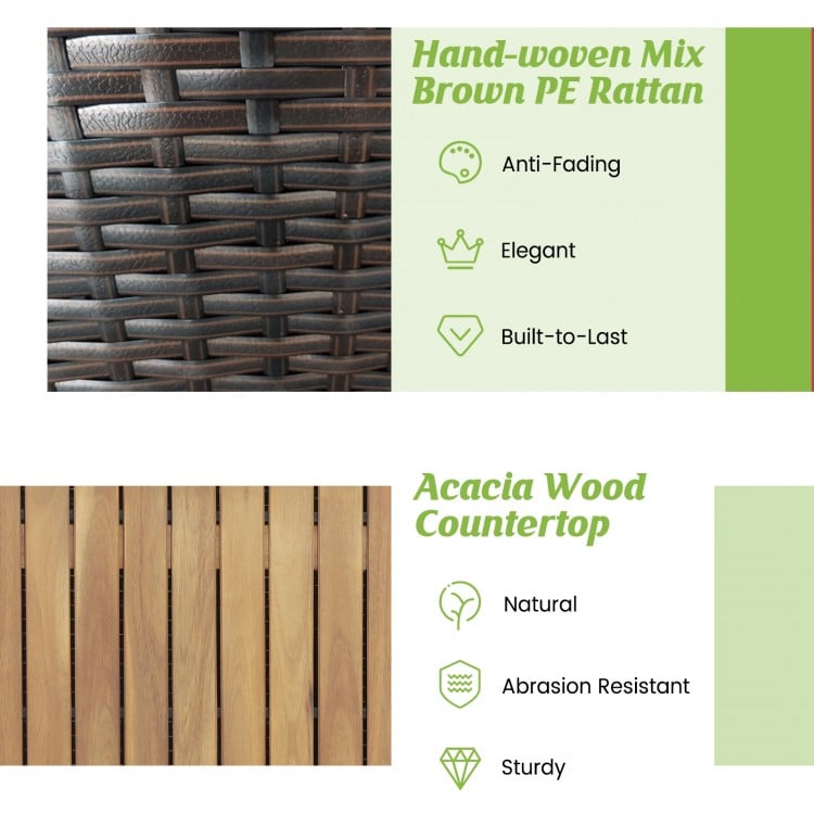 Hand-woven mix brown PE rattan texture detail of the 134-gallon storage box with acacia wood top for outdoor use.
