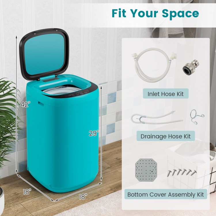 Dimensions of the 7.7 lbs full-automatic washing machine in blue, highlighting its compact size for space-saving.