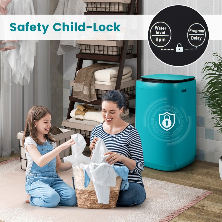 Compact blue 7.7 lbs full-automatic washing machine with child lock, shown in a lifestyle setting with users.