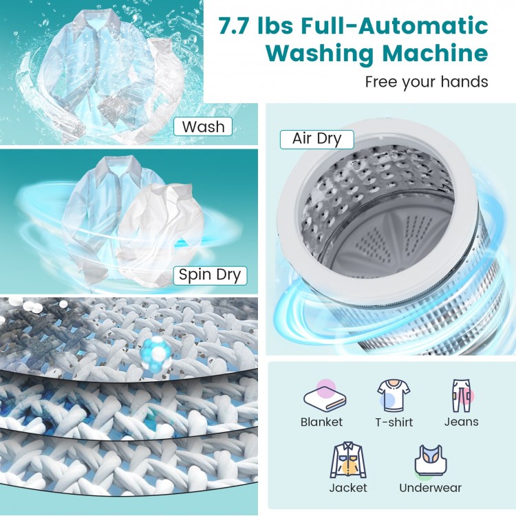 7.7 lbs full-automatic washing machine in blue with honeycomb stainless steel tub, ideal for apartments and dorms.