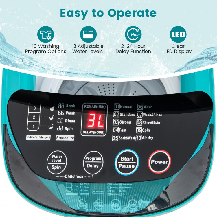 Control panel of the 7.7 lbs full-automatic washing machine in blue, featuring 10 washing programs and a clear LED.