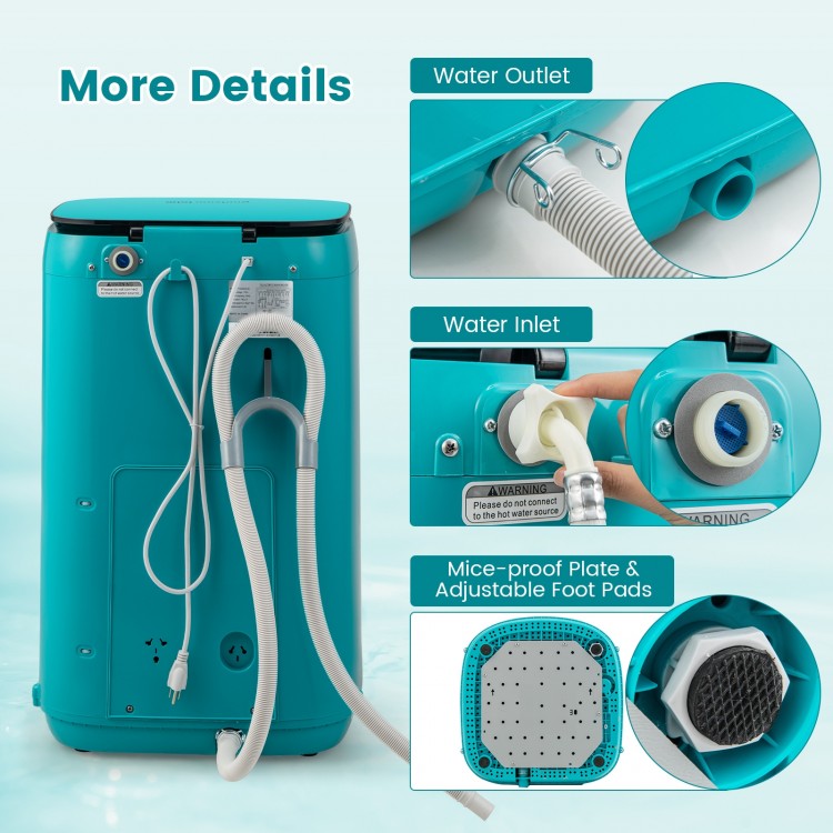 Back view of the blue 7.7 lbs full-automatic washing machine showcasing water inlet, outlet, and adjustable foot pads.
