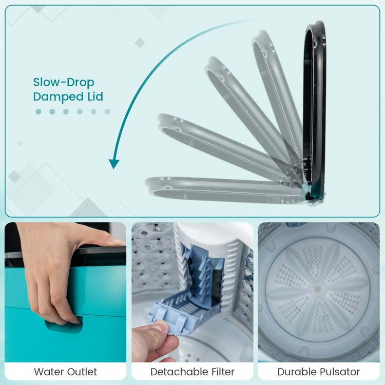 Close-up of the detachable filter and durable pulsator of the 7.7 lbs full-automatic washing machine in blue.