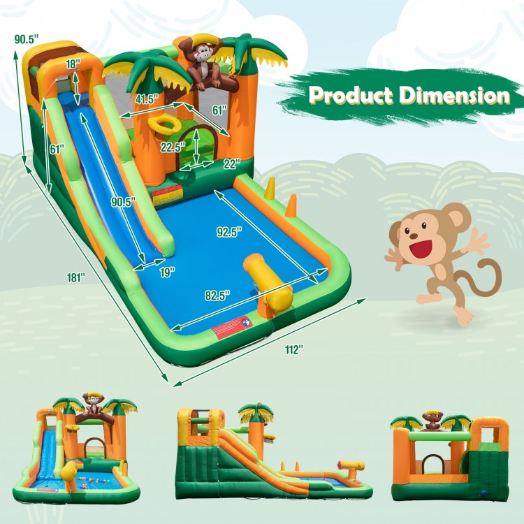 Monkey-themed inflatable bounce house with slide, featuring a splash pool and water hose for outdoor fun.