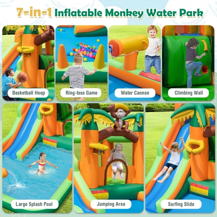 Inflatable monkey-themed bounce house with slide, featuring a splash pool, climbing wall, and basketball hoop for.