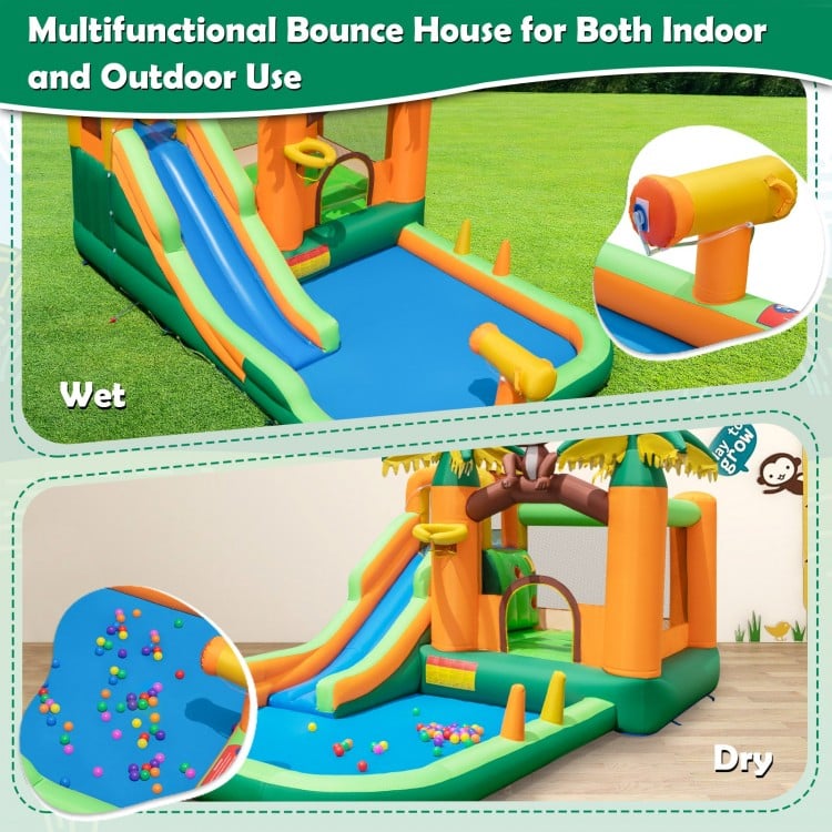 Monkey-themed inflatable bounce house with slide, water park feature, and protective mesh for indoor and outdoor fun.